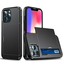 Premium Slide Wallet Card Slot Protective Case with Heavy-Duty Hard PC Cover for iPhone 16e (Black)