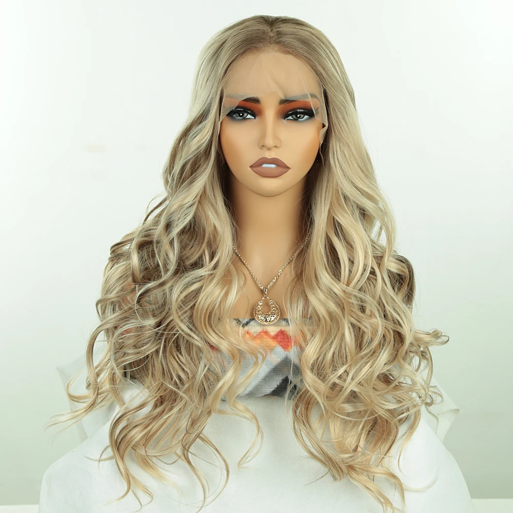 Long Body Wave Synthetic Lace Front Wigs For Black Women 26 Inch Lace Wigs Ombre Blonde Highlight White Cosplay Wigs