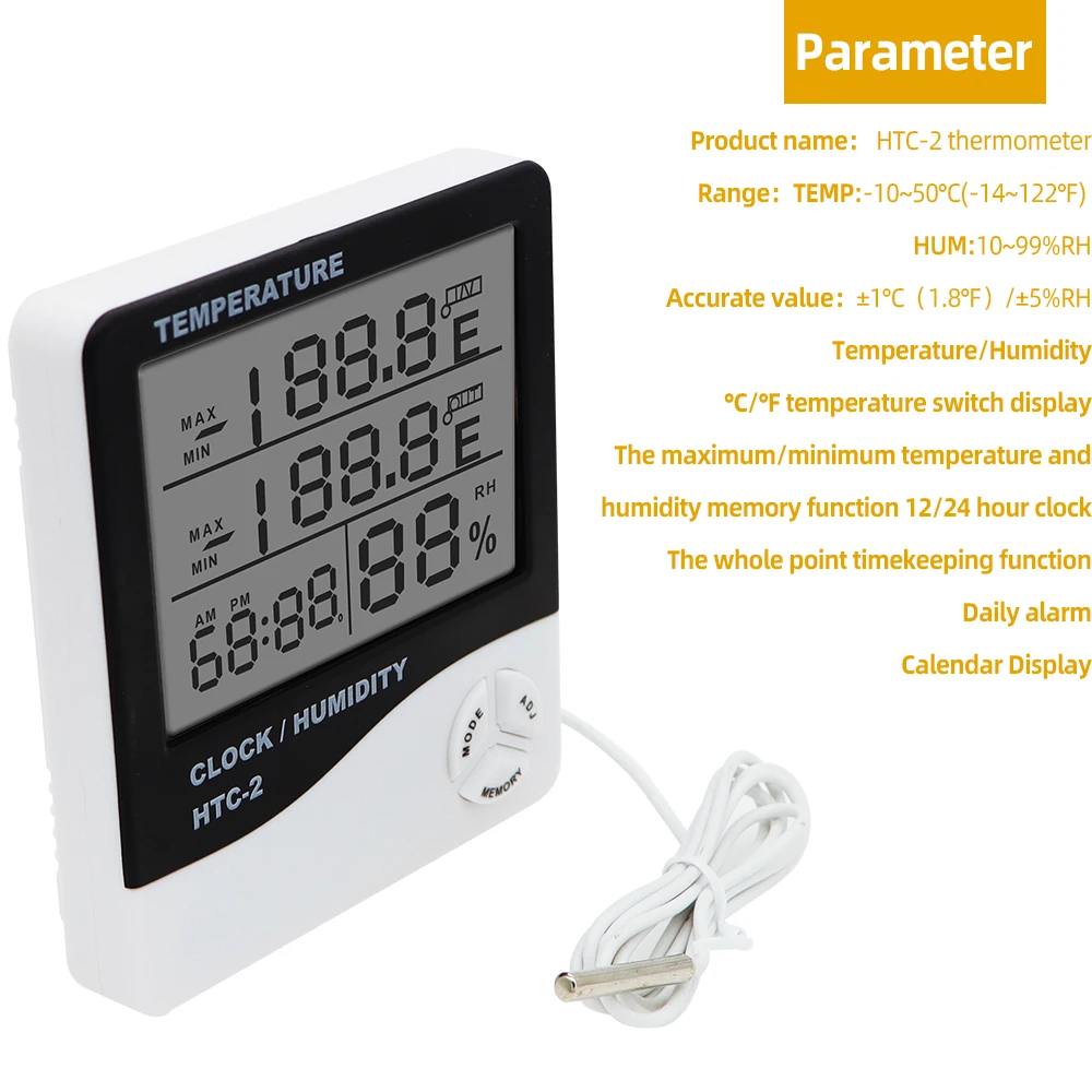 Termometro Igrometro Digitale Temperatura Umidita' Ora Data Casa Htc-2 Con  Sonda 