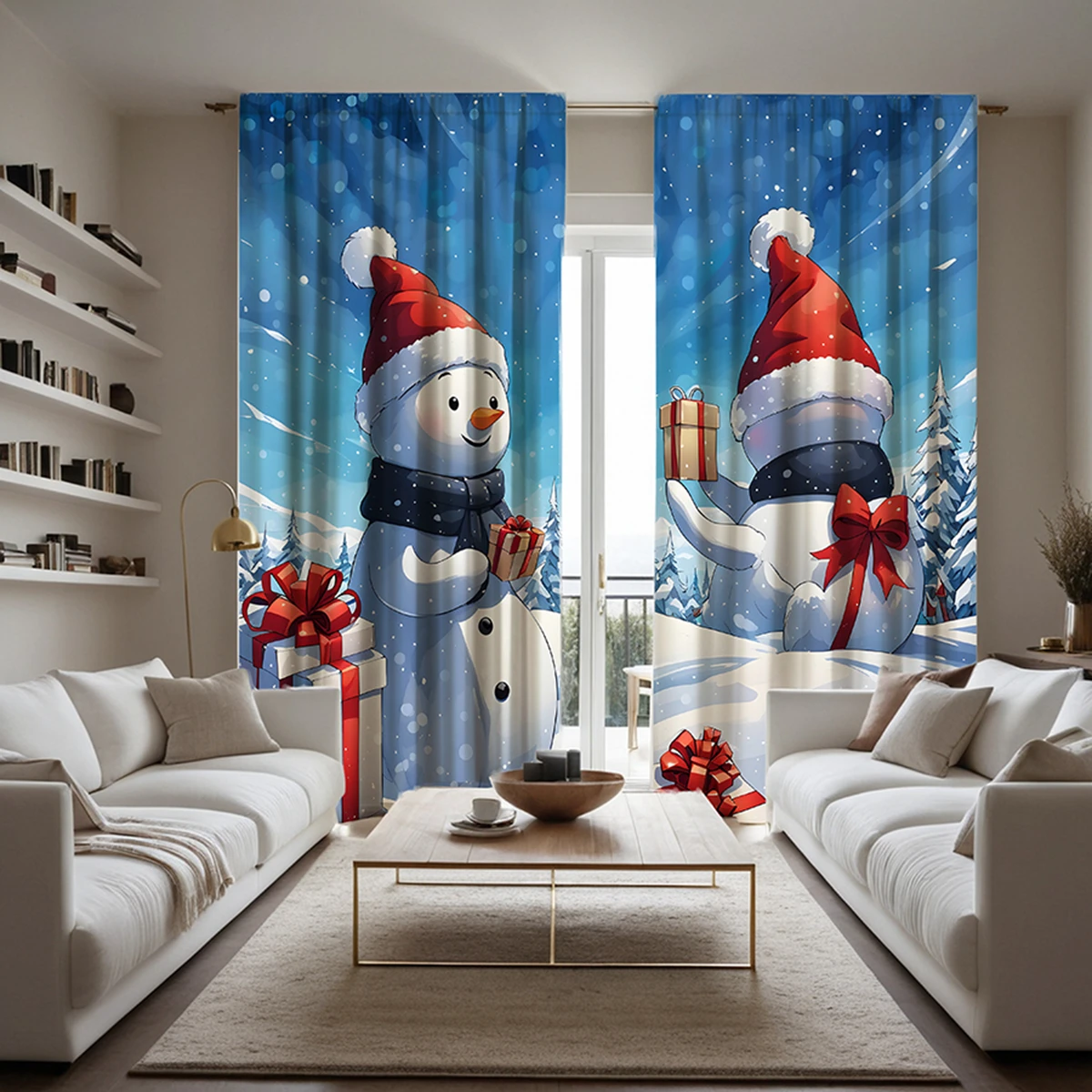2pcs set HD Christmas gift snowman decoration curtain Blue tie digital printed curtain Home decoration style Decoration livin 3