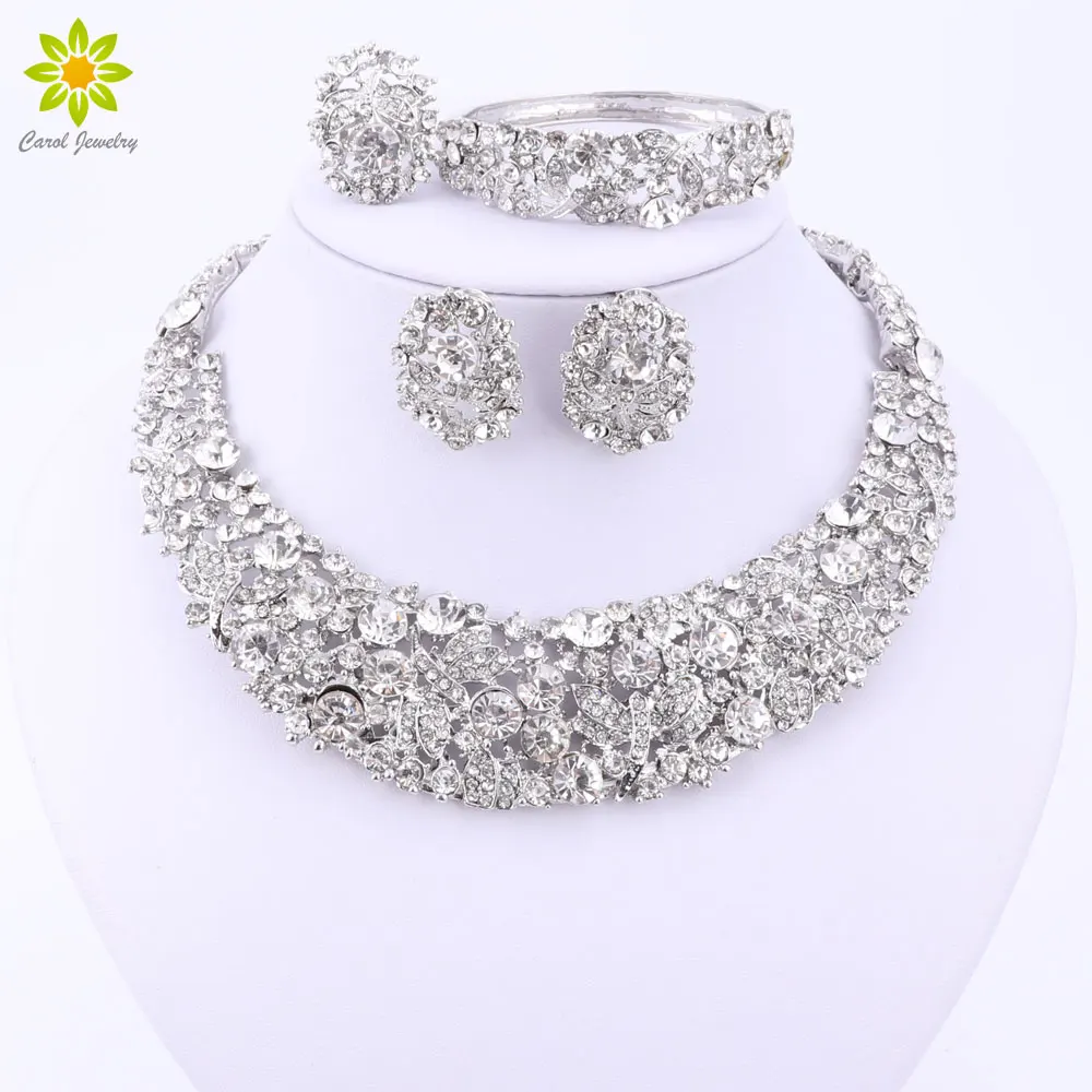 Nigerian Wedding African Beads Jewelry Sets Crystal Necklace Sets Silver Color Jewelry Set Wedding Accessories Party bridal jewelry sets
