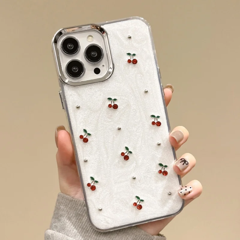 Fashion Electroplated Cartoon Diamond Glitter Cherry Cute Shockproof Silicone Case For iPhone 11 12 13 14 15 Pro Max Cover Girl