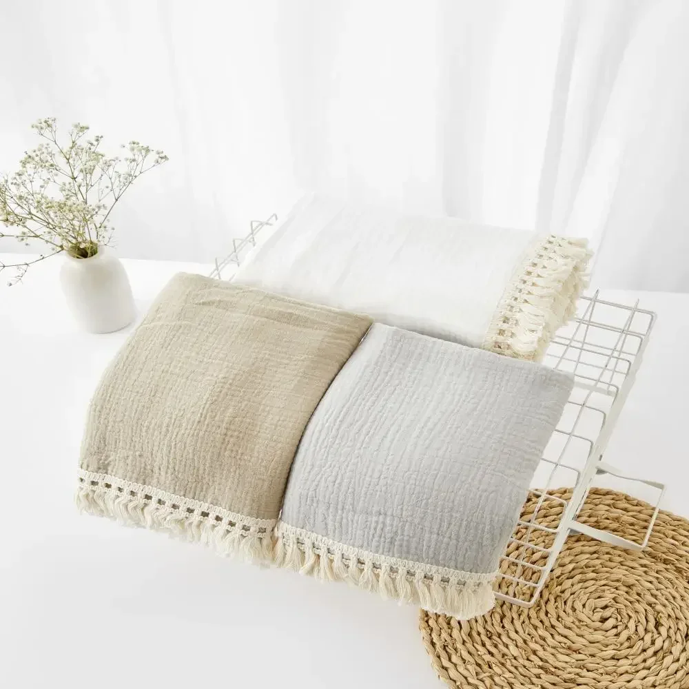 Newborn Cotton Muslin Swaddle Blankets for Newborn Baby Tassel Receiving Blanket Wrap Infant Sleeping Quilt Bed Cover