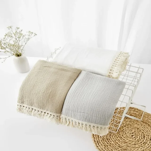 Newborn Cotton Muslin Swaddle Blankets for Newborn Baby Tassel Receiving Blanket Newborn Wrap Infant Sleeping Quilt Bed Cover 5