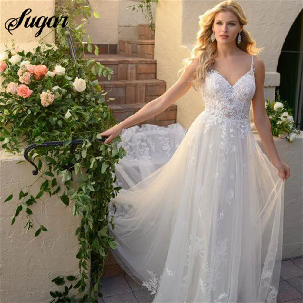 

Очаровательное свадебное платье на бретельках, элегантное женское платье с V-образным вырезом, кружевное свадебное платье, сексуальное платье для невесты, платье