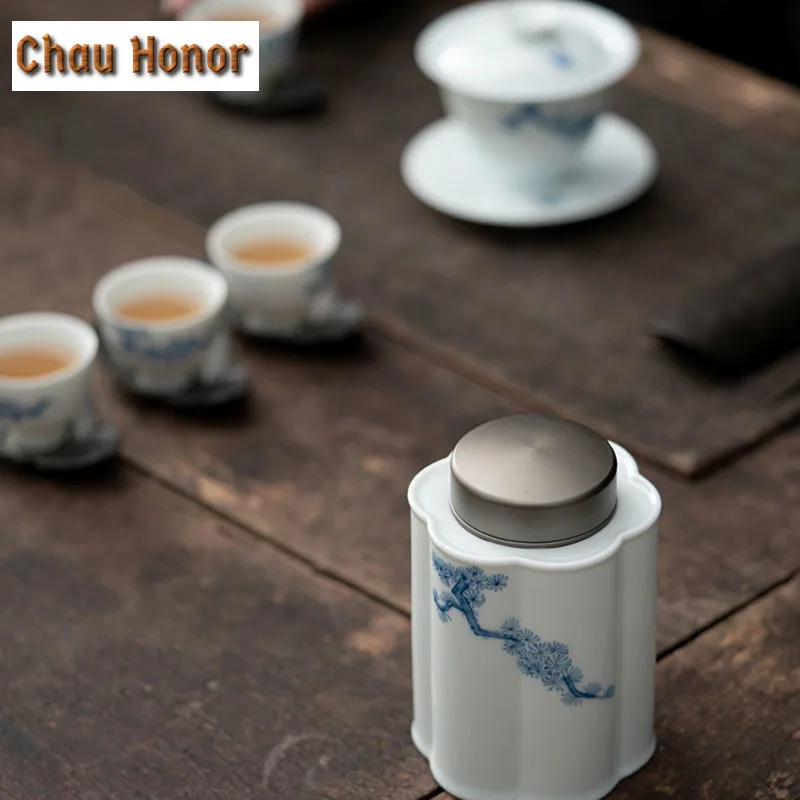 Japanese White Porcelain Tea Can Hand-painted Pine Wind Art Ceramic Tea Storage Household Moisture-proof Pot Sealed Jar Tea Item