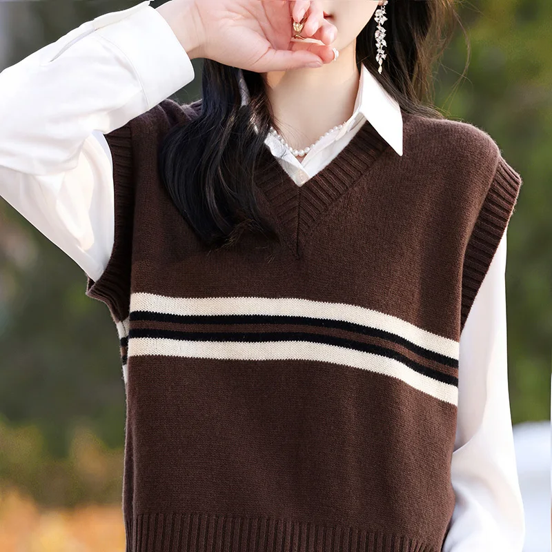 스트라이프 니트 민소매 캐주얼 루즈한 여성 소프트 스웨터 조끼, 용수철 가을 신상 울 V넥 스웨터, 겨울 의류