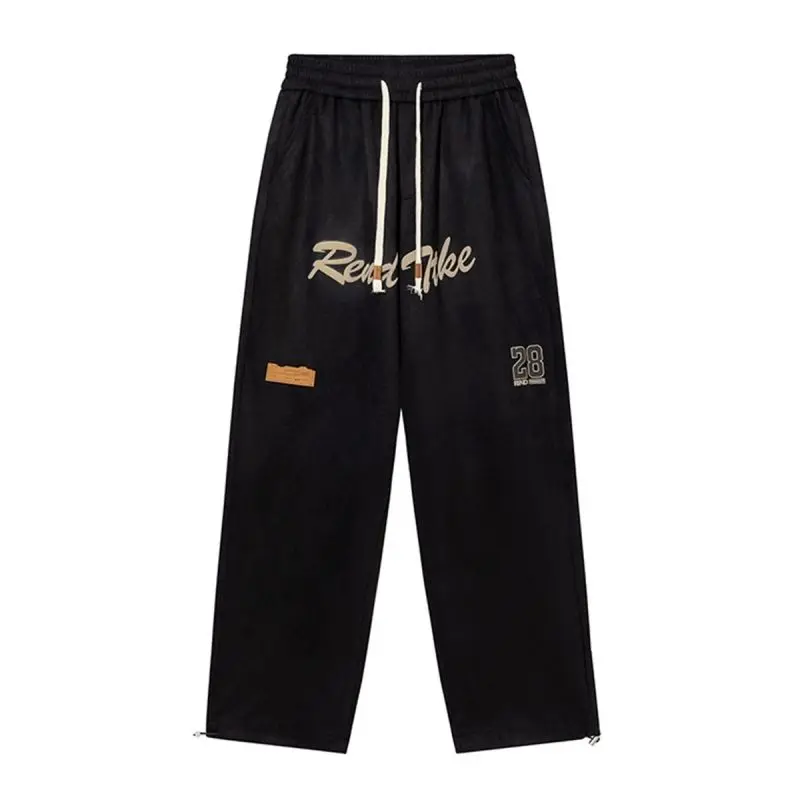 Korean Fashion Casual Sports Pants Trendy Wide Leg Pants Men Stripe Elastic Waist Drawstring Pockets Loose Straight Trousers