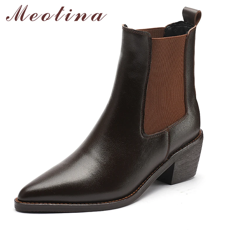 

Meotina Women Genuine Leather Chelsea Ankle Boots Pointed Toe Thick High Heel Fashion Short Boot Ladies Shoes Autumn Winter 42