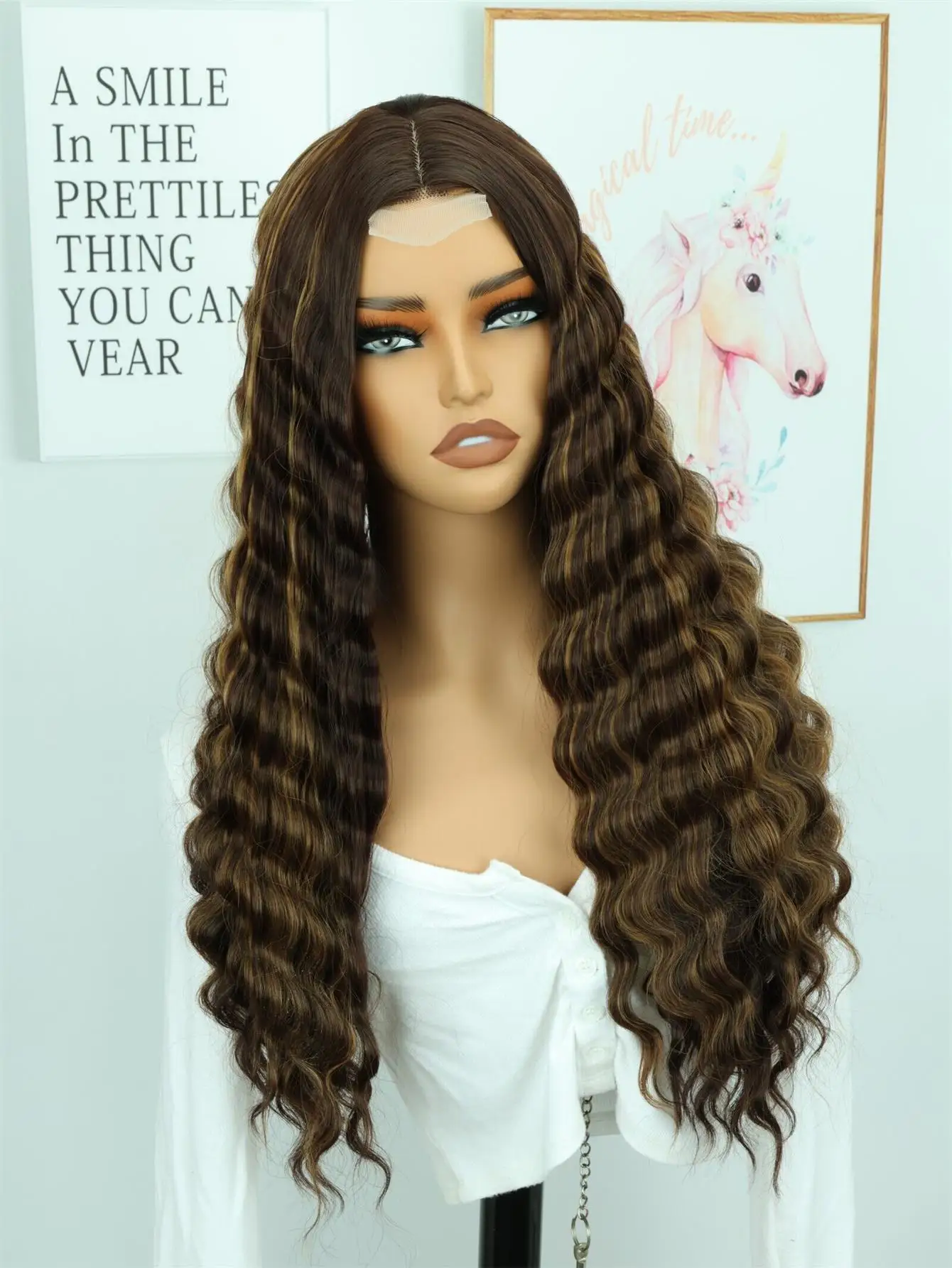 

4*2Lace Wig Synthetic Wigs Deep Curly Wave Wig Mid Split Hairstyle Wig Black 28inch Synthetic Wigs Without Bangs For Women