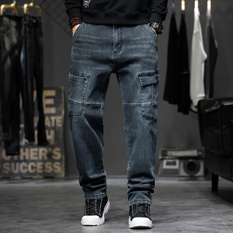 Multi-Pocket Baggy Jeans Mens Streetwear Cargo Denim Pants Straight Trousers Plus Size 40 42 44 denim pants denim trousers cargo jeans