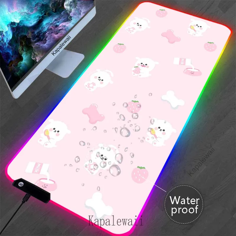 

RGB Strawberry milk Gaming Mouse Pad LED Computer Mousepad Waterproof Large Mouse Mat Gamer Rubber Carpet Keyboard Pads 100x55cm