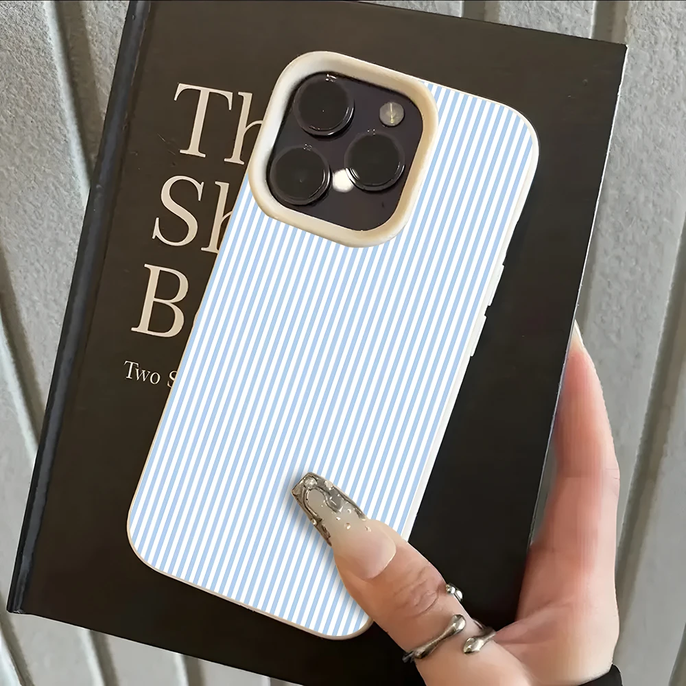 Light Blue Stripe Pattern Lychee Soft Phone Case Cover