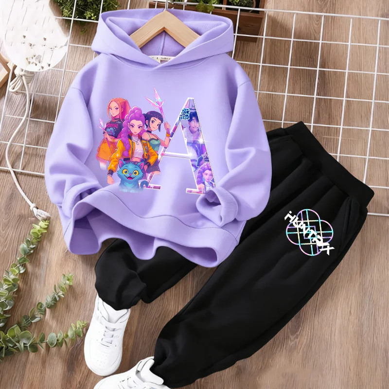 Ensemble sweat-shirt KPop Demon Hunters Anime Huntrix avec design alphabet, sweat à capuche et pantalon pour filles, survêtement tendance pour enfants, cadeau