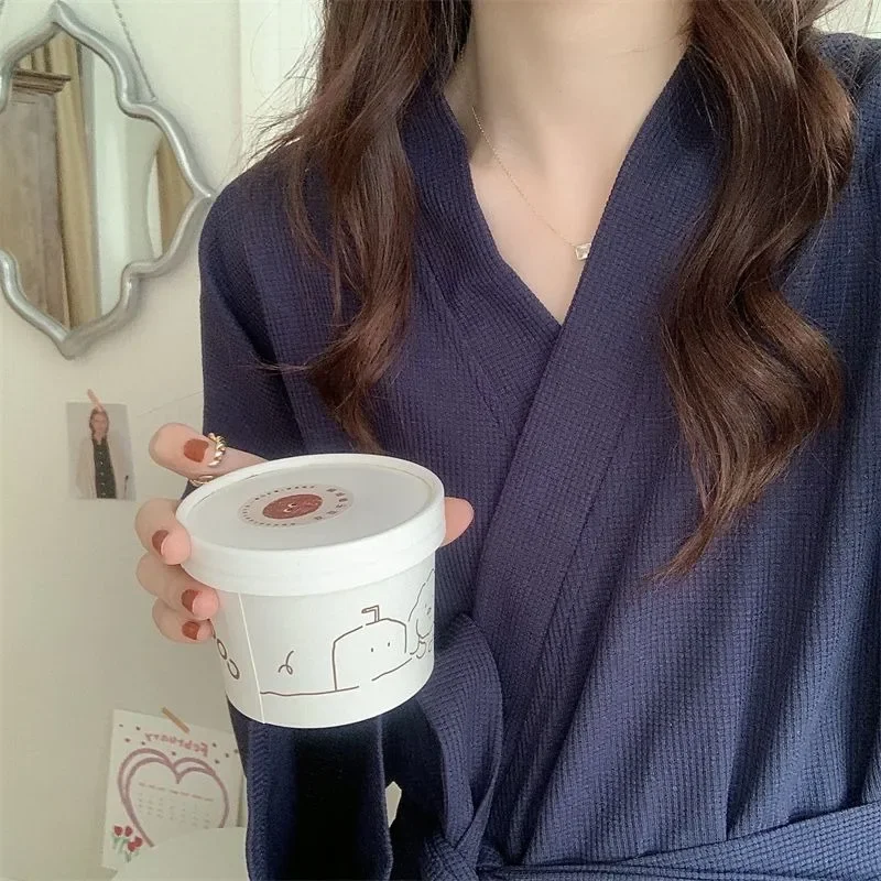 Solid Color Robe Pajamas Women's Spring and Fall New Fashion Simple Loose Sleepwear Bathrobe Nightgown Leisure Home Wear New