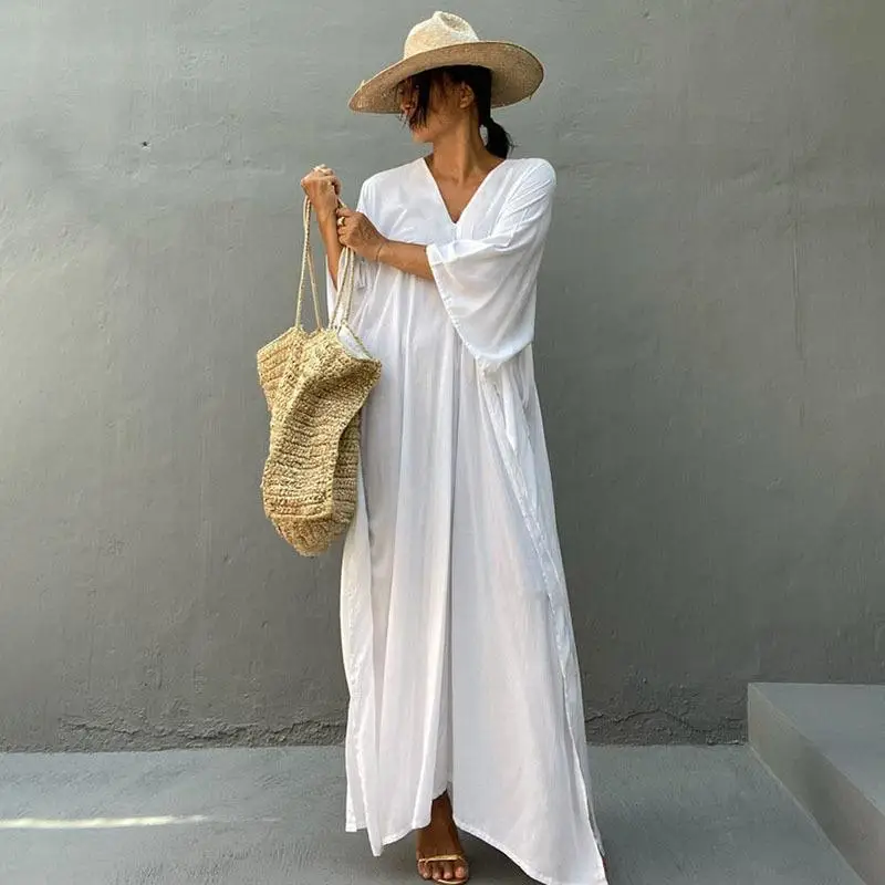 Solid Color Bikini Cover-ups Loose Women Beach Dress Robe De Plage Summer Kimono Dress Beach Wear Swim Suit Cover Up