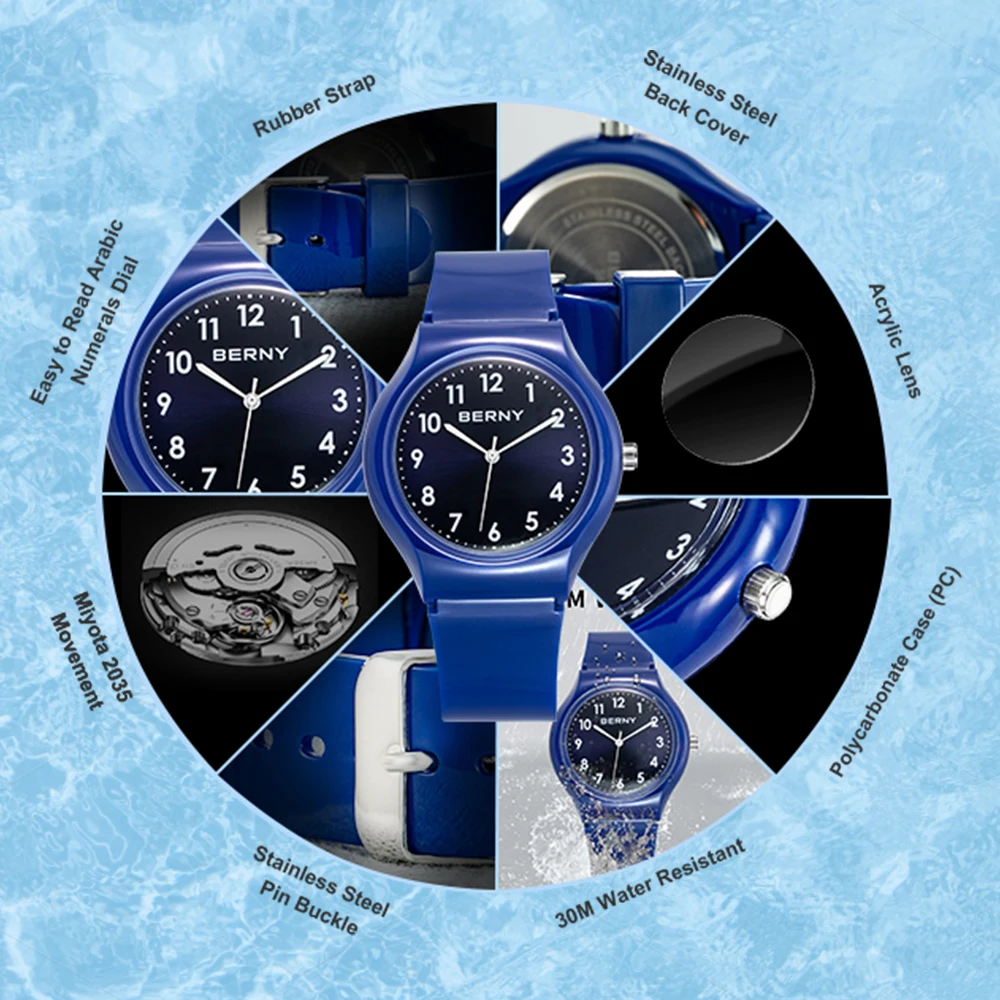 Berny Fashion&Casual Quartz Wristwatch Watch Quartz Miyota 2035 Movement With PU Strap 3ATM Waterproof  Acrylic Surface lens