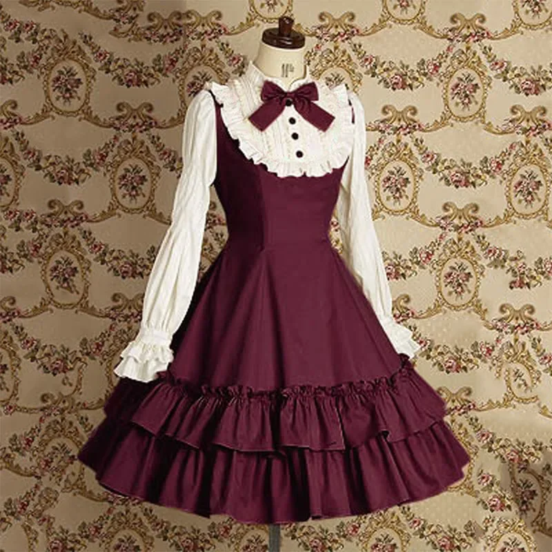 Lolita Dress Lolita Suspender Dress Lolita Cosplay Costumes Sweet Girls Vintage Slim Cotton Dress Lolita Classic Mary Magdalene Women Bow Tie Ruffle Layer Princess Mini Costume For Ladies