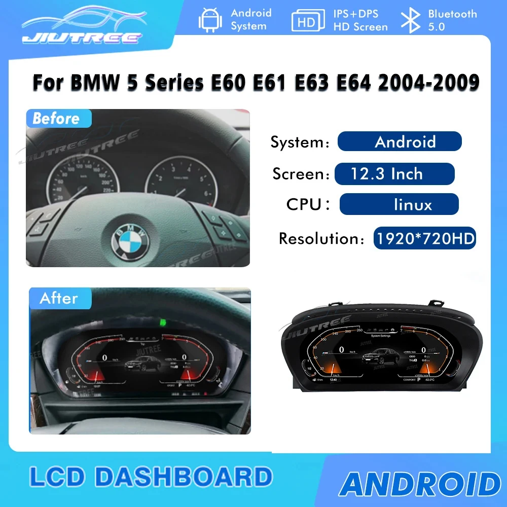 

12.3 Inch For BMW 5 Series E60 E61 E63 E64 2004-2009 Digital Dashboard Panel Virtual Instrument Cluster CockPit LCD Speedometer