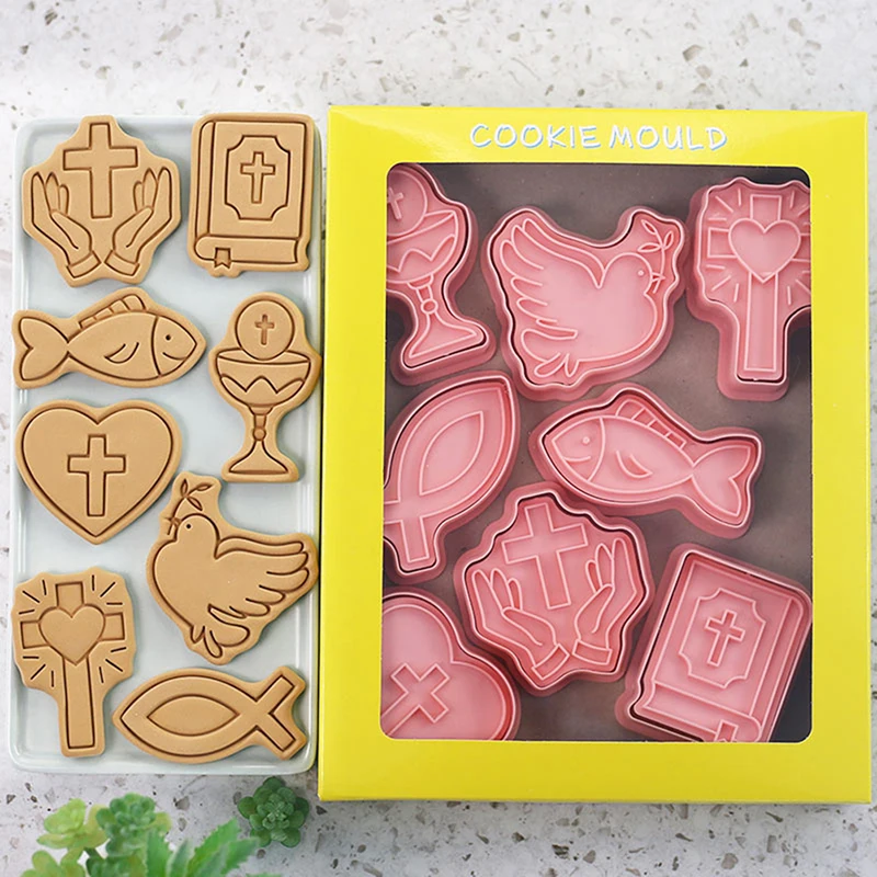 Cookie Cutter 8Pcs Christian Communion Cookie Cutter Plastic 3D Cartoon Cross Love Fish Chalice Pressable Biscuit Stamps Mold Cake Decoration