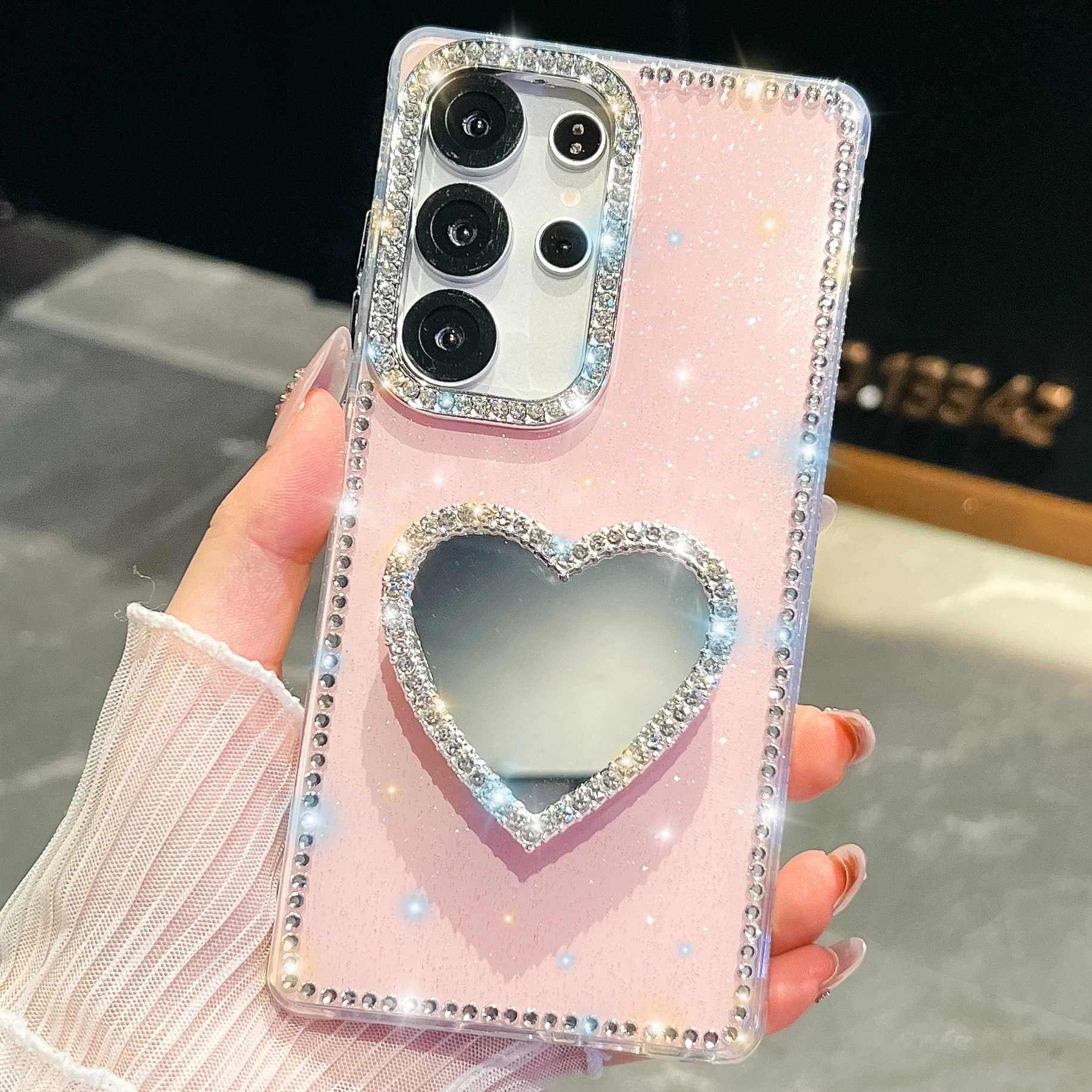 Luxury Love Heart Mirror Diamond Bling Holder Phone Case
