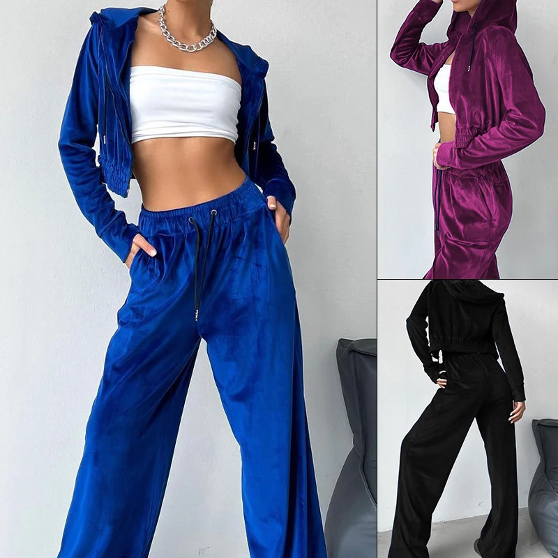 

2 Piece Velour Tracksuit Outfits For Women Hoodie Velvet Jogging Sweatsuit Workout Sets