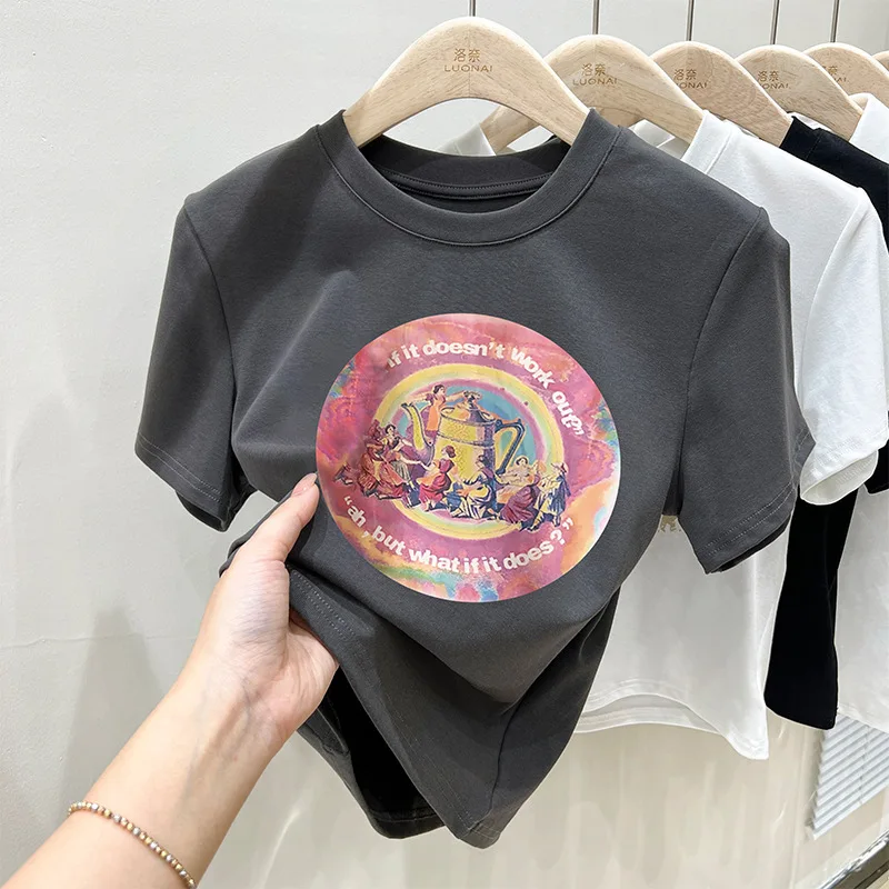 

Short T-shirt Women's Cotton Geometric Pattern Printed Pullover Summer Soft Breathable New SlimTop Half Sleeve Fashion All-Match