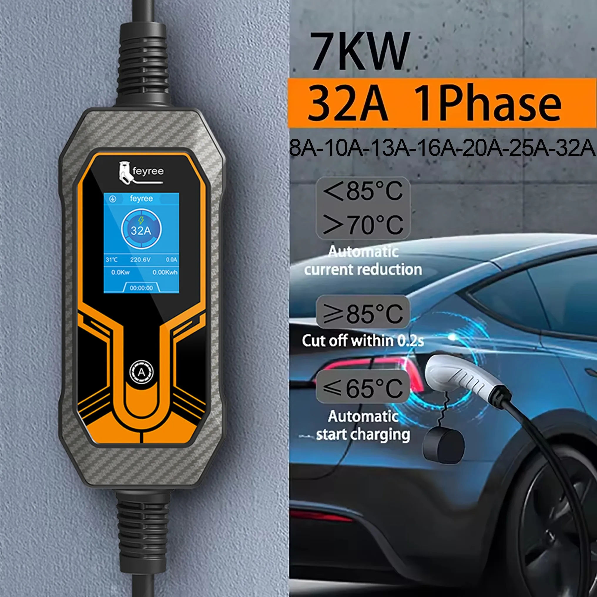 feyree Przenośna ładowarka EV Wallbox Type2 Kabel 32A 7KW z wtyczką CEE EVSE Type1 Skrzynka ładująca j1772 Adapter do pojazdu elektrycznego - AliExpress 34