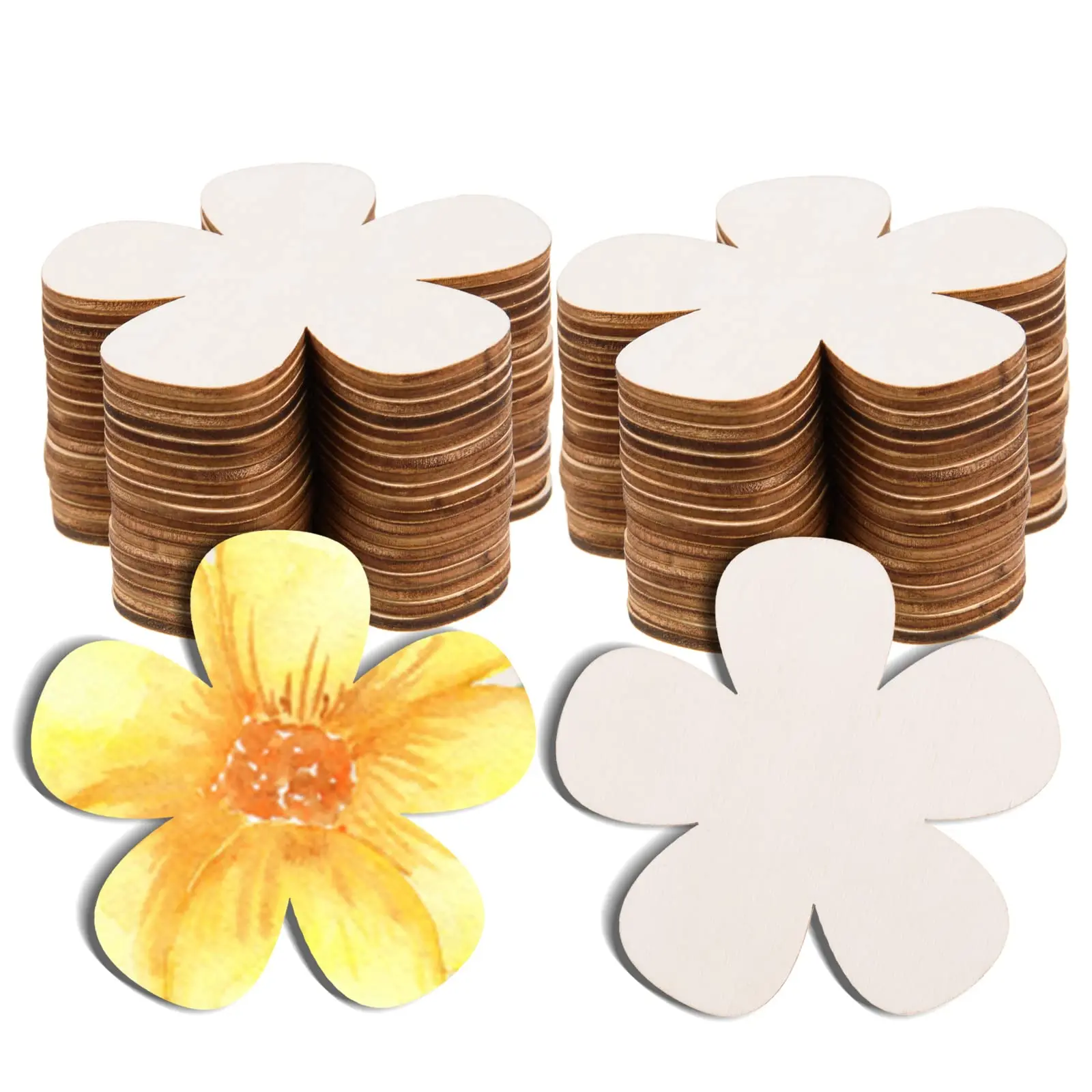 30PCS Wooden Flower Cutouts 3 Inch Unfinished Wood Flower Slices Blank Ornaments Paint Crafts