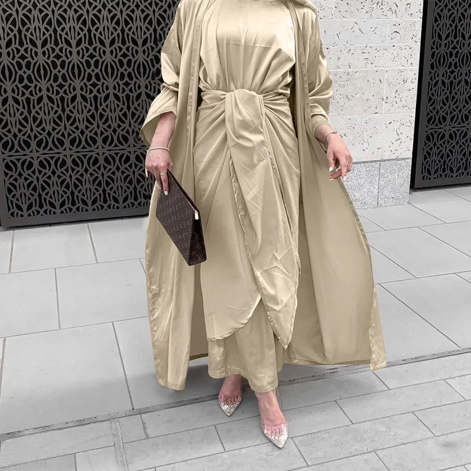 3 Piece Satin Abaya Kimono Muslim Sets Abayas for Women Dubai Turkey Hijab Dress Wrap Skirt Islamic Outfit Ensembles Musulmans