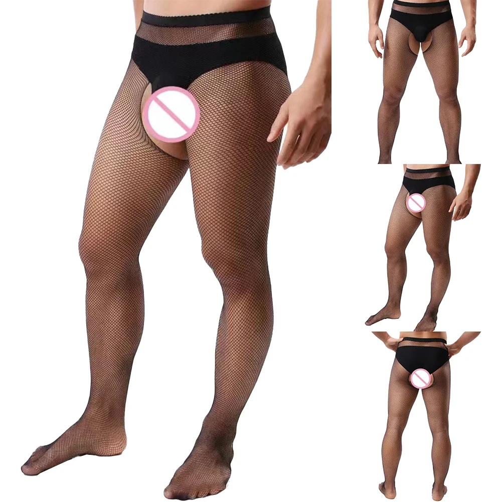 Sexy Men Sissy Pantyhose Fishnet See-through Body Stockings Ultra-thin Open Crotch Underwear Hollow Tights Pants Gay Erotic Wear