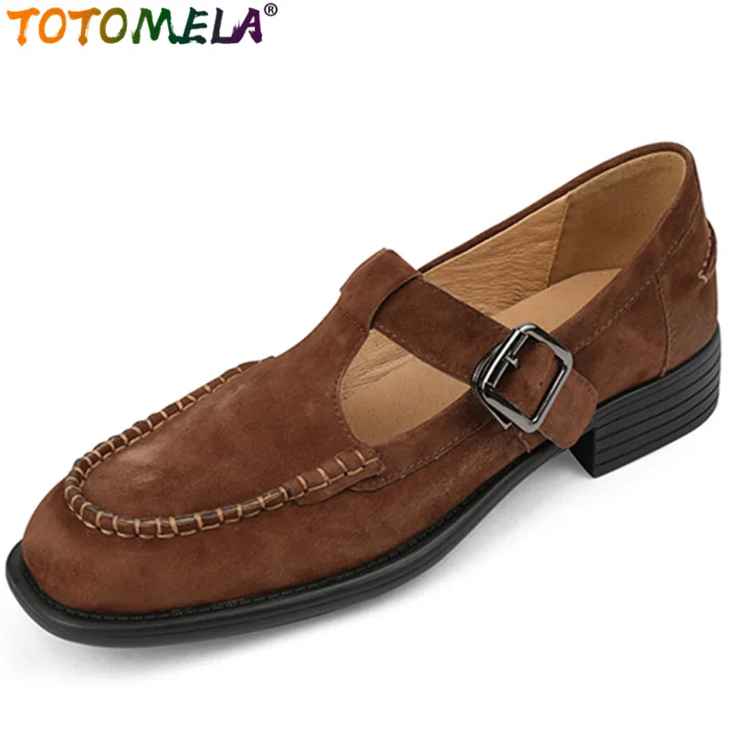 

TOTOMELA 2022 New Vintage Kid Suede Women Shoes Simple Ladies Dress Shoes Buckle Solid Square Med Heels Pumps