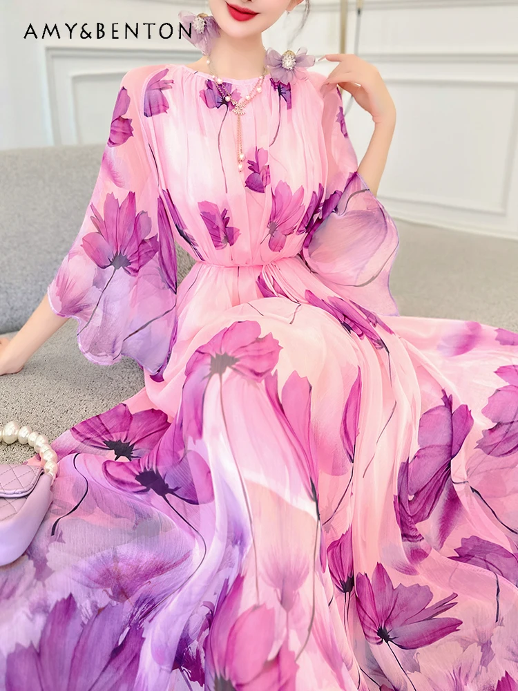 

French Temperament Floral Chiffon Dress for Women Summer New Graceful Loose Lace-up Short Sleeve Dresses Elegant Mid-calf Dress
