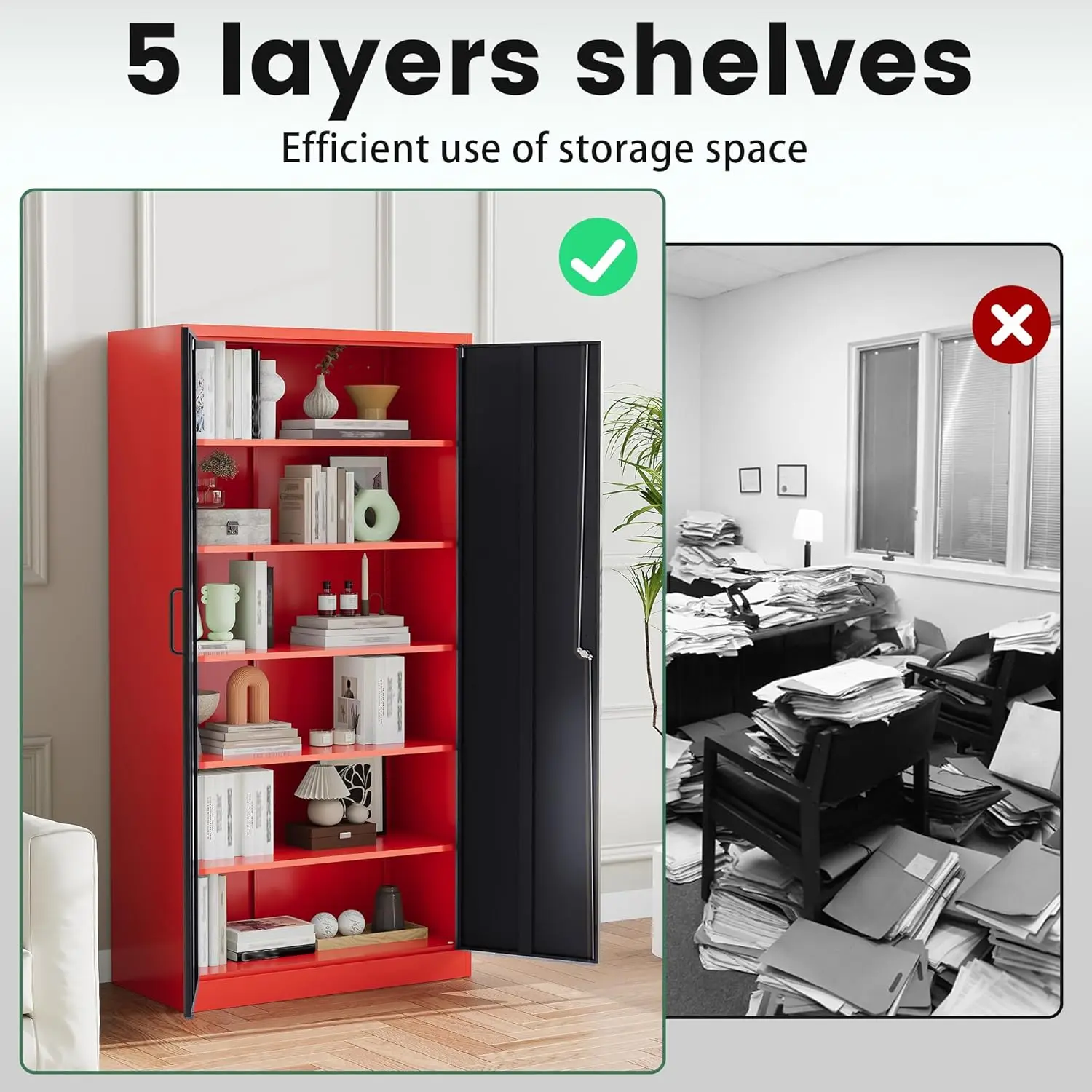 Metal Garage Storage Cabinets with Lock, 72" Tall Locker Organizer Steel Tool Cabinets,5 Adjustable Shelves 2 Doors (Black Red) 6