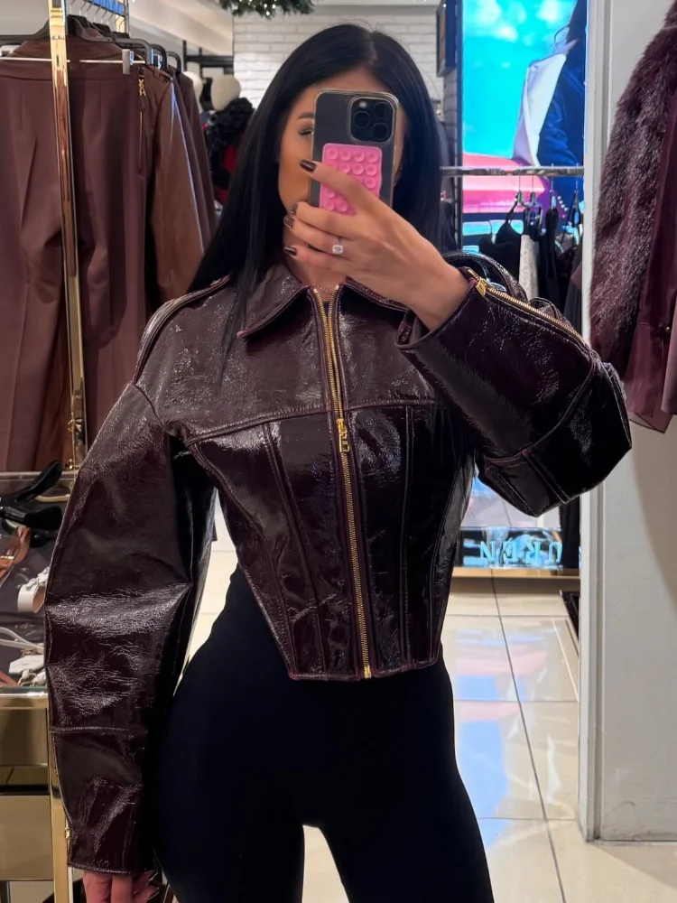 Women's Cropped Faux Leather Jacket Coat Vintage Balloon Sleeve Biker Style PU Outerwear Chic High Street 2026 Spring New Outfit