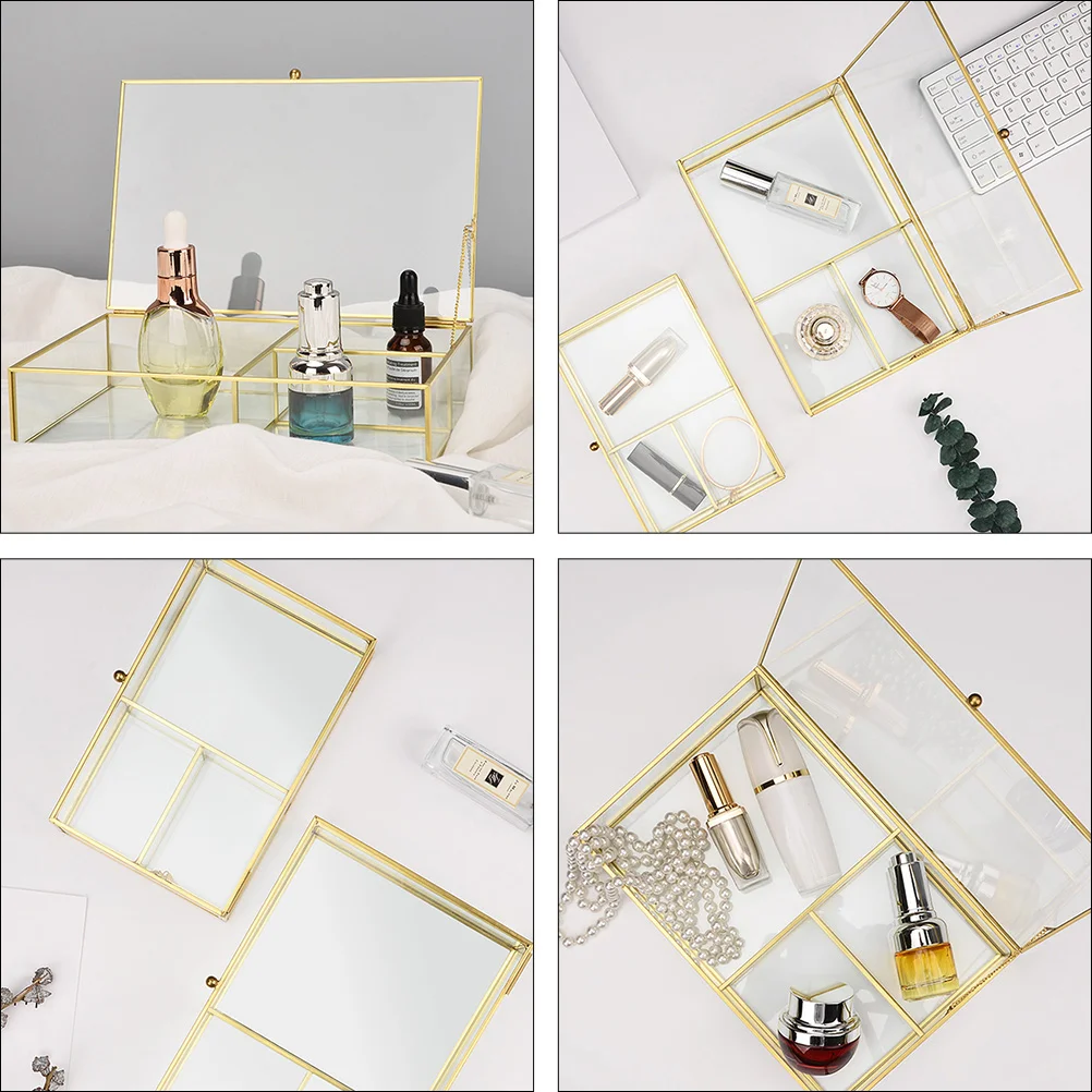 Desktop Jewelry Case Glass Lipstick Cosmetics Compartment Dresser with Lid - Size S