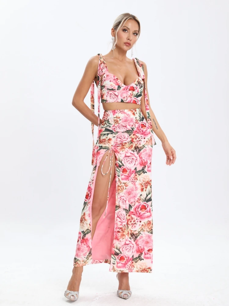 

Women Sexy Floral Lace-Up Backless Crop Top +Split Long Skirts Printed 2-Piece Suit Vestidos Para Mujer Beach Party Cocktail