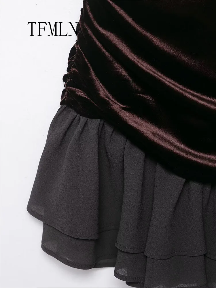 Elegant Women Velvet Patchwork Layered Decorated Midi Dress 2026 Spring Sweet Girls Sleeveless Slim Causal Pleated Dresses