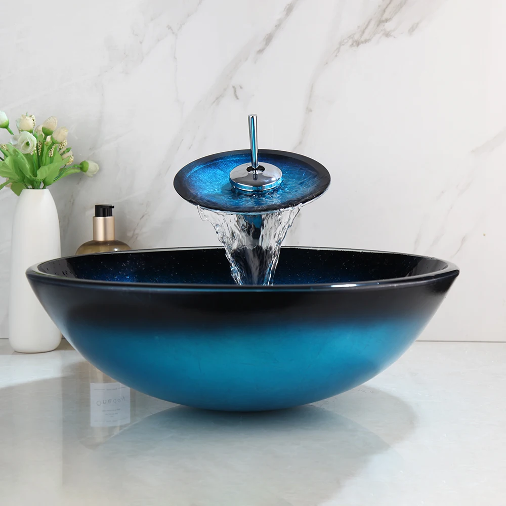 Dark Blue Tempered Glass Circular Vessel Sink Waterfall Faucet Set Pop-Up  Drain Included