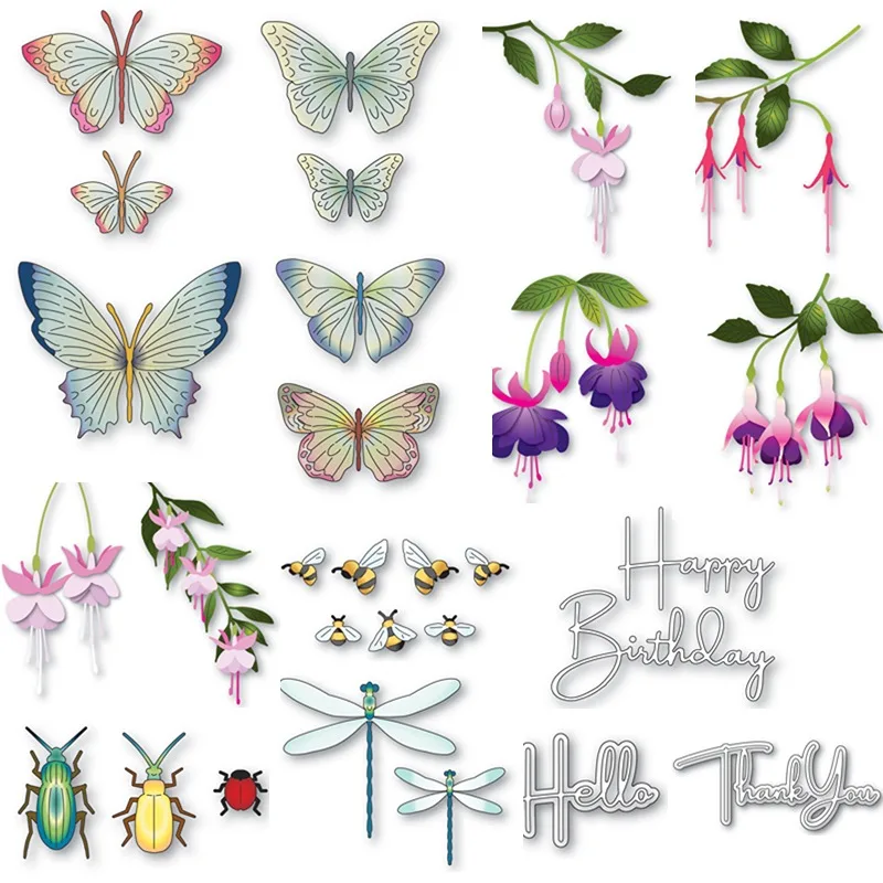 

Butterflies Collection Fuchsia Flowers Brilliant Beetles Dragonflies Bumblebees Metal Cutting Dies Stamps Stencil Scrapbooking