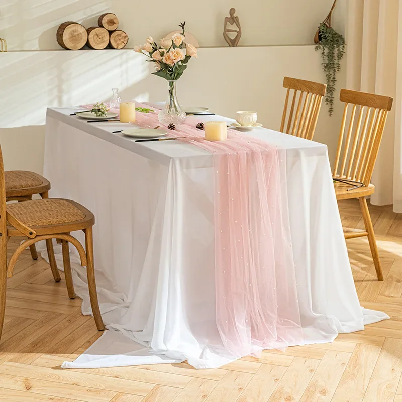 YUZHEDM Tulle Bianco Runner Perle 80 X 300 cm Runner Tavola Moderno, Tovaglia Bianca Elegante Tableau Matrimonio Può Essere Utilizzato Come Tovaglia Arco Nuziale Decorazione Schienale Sedia Feste