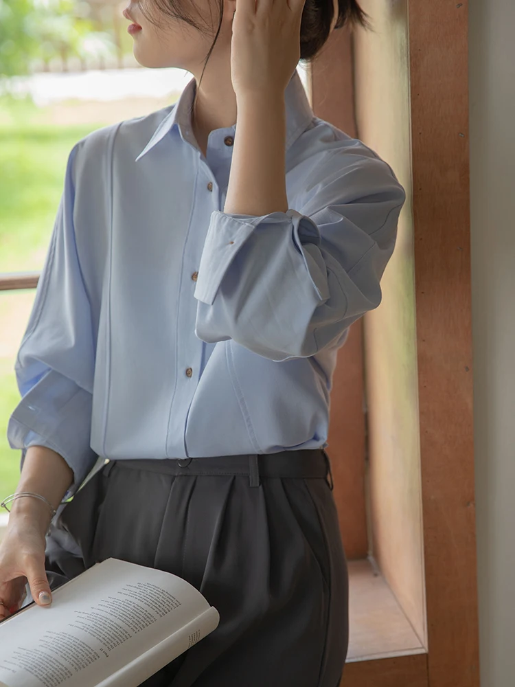 QOERLIN Anti-wrinkle French Blue Shirt Women Spring Autumn Blouse 2023 New Design Long Sleeve Button Shirt Elegant Office Ladies
