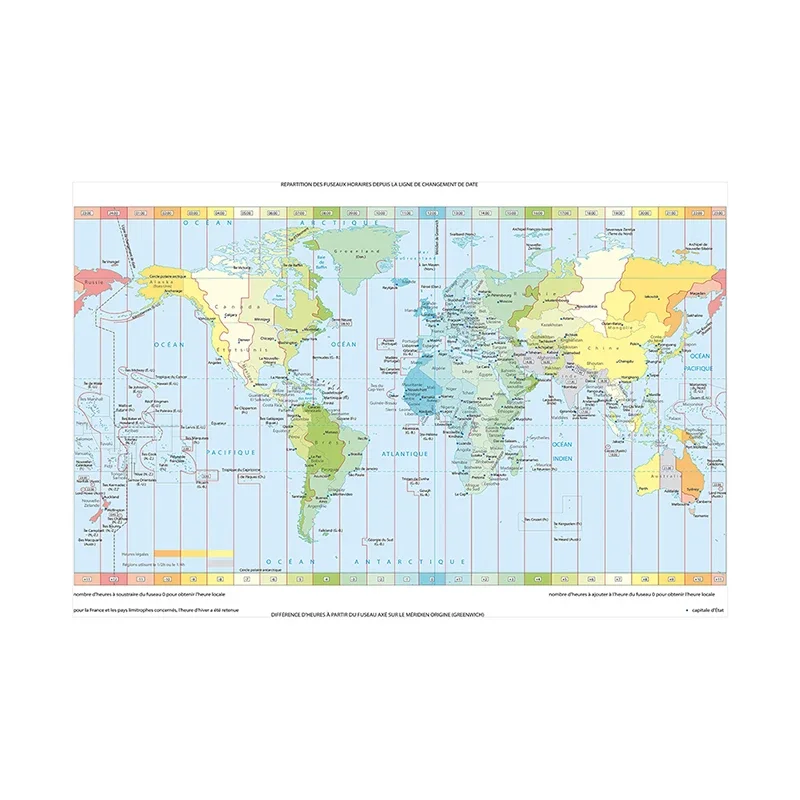 150*100cm The Wold Time Zone Map In French Vintage Non-woven Canvas Painting Wall Art Poster School Supplies Home Decor