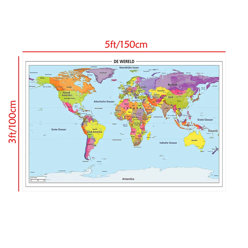 150*100cm Map of The World In Dutch Detailed Poster Non-woven Canvas Wall Art Picture Office Home Decoration School Supplies