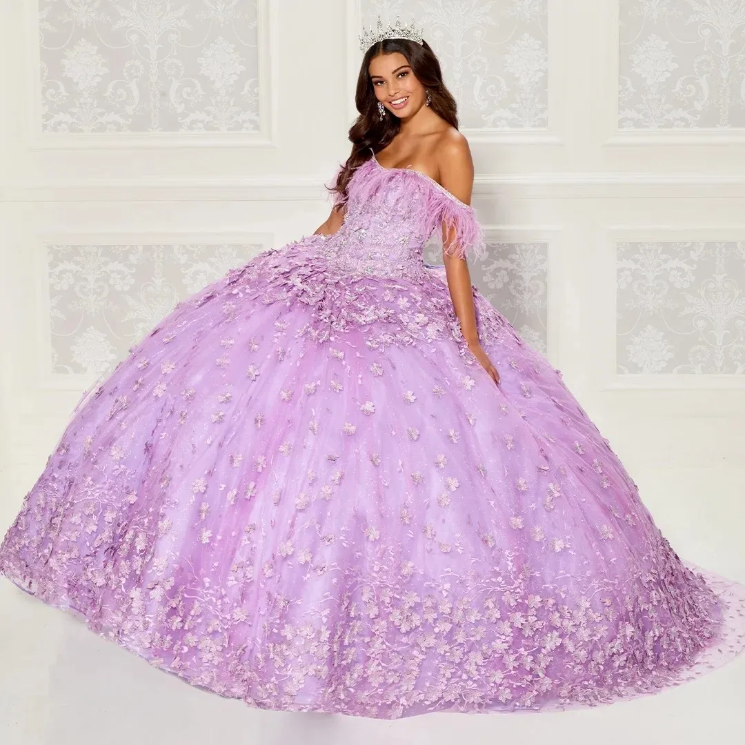 

Lavender Charro Quinceanera Dresses Ball Gown Sweetheart Tulle Appliques Feather Puffy Mexican Sweet 16 Dresses 15 Anos