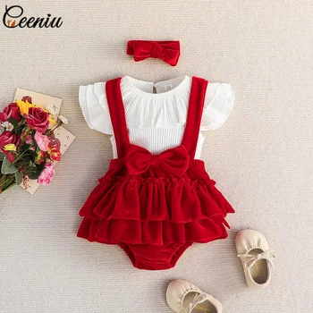 Ceeniu 3pcs Baby Girl Christmas Outfits Sets Lace White Top and Red Velvet Bodysuit Dress Birthday Summer Newborn Clothes 1