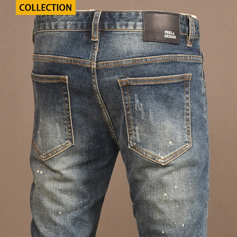 Street Fashion Men Jeans High Quality Retro Washed Blue Stretch Slim Fit Ripped Jeans Men Vintage Designer Denim Pencil Pants