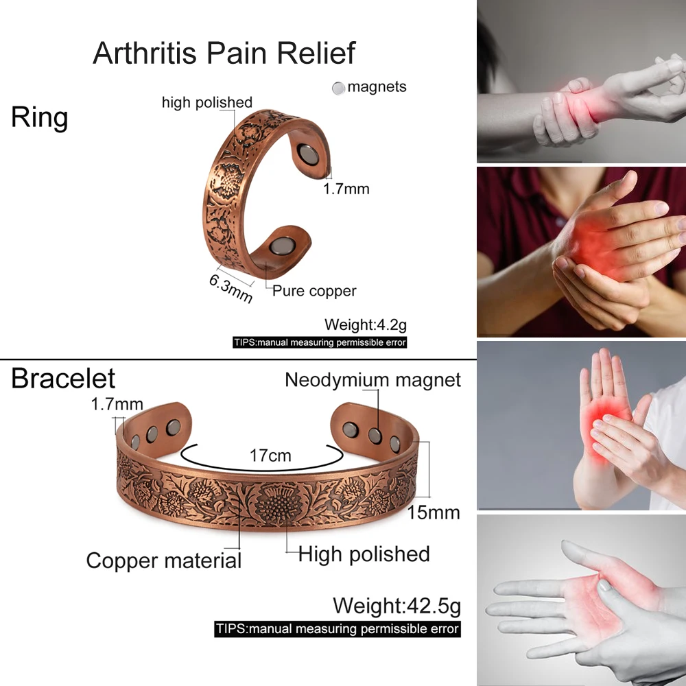 Meathly Magnetic Pure Copper Jewelry-Set Chrysanthemum Adjustable Bracelet Ring Resizable Health Arthritis Jewelry Set for Women Men_voghion.com