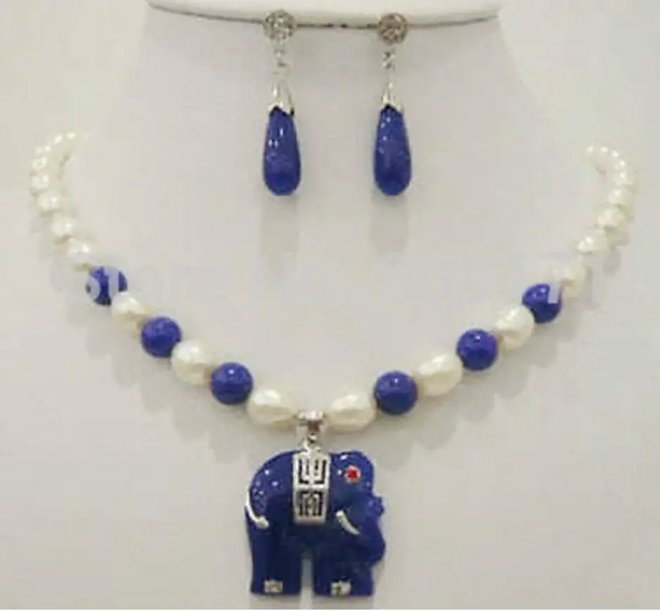 white Akoya Cultured pearl blue jade elephant pendant necklace earrings