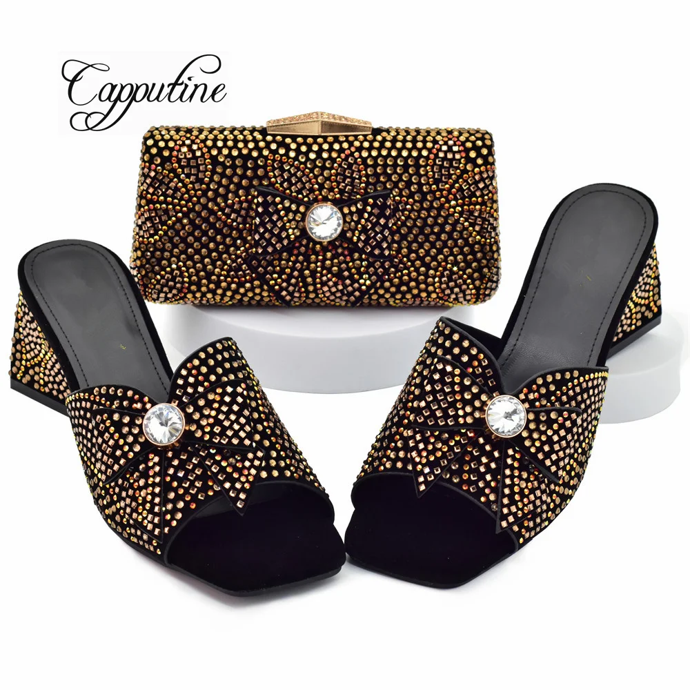 

Fashion Woman Shoes And Bag Set African Stones Slippers Match With Purse Handbag Ladies High Heels Pumps Pantoufle Femme 938-75